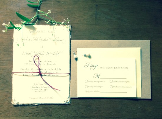 Ivory finish wedding invitation with natural burlap