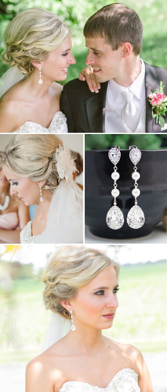 Elegant teardrop bridal earrings on beautiful bride wedding