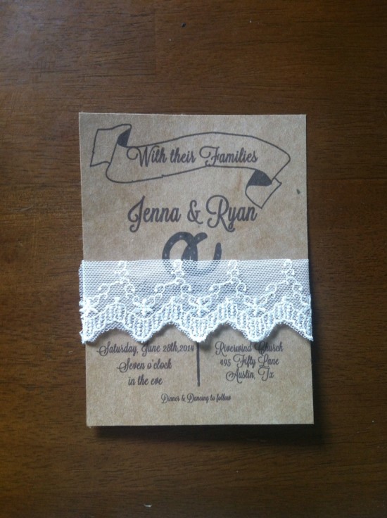 Rustic Jenna and Ryan wedding invitation with lace