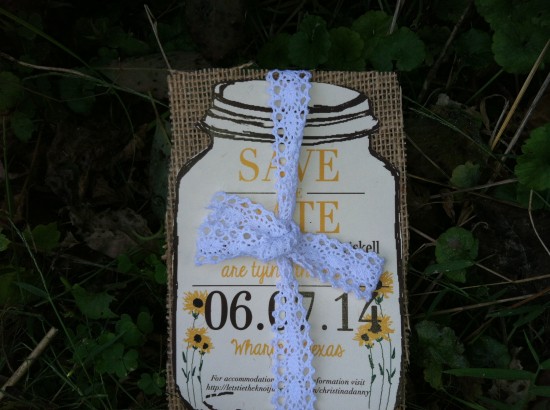 Rustic wedding save the date card with lace and sunflowers