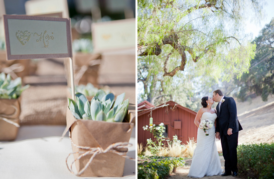 Wedding decor with succulents and a kissing couple at outdoor wedding