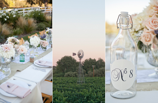 Rustic wedding decor with floral arrangements, windmill, and a water bottle