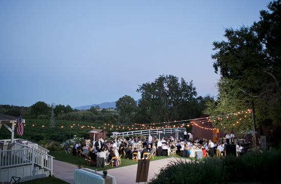 Outdoor evening event at a winery with string lights and guests