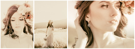 Boho bride with flower crown posing for a wedding photo shoot