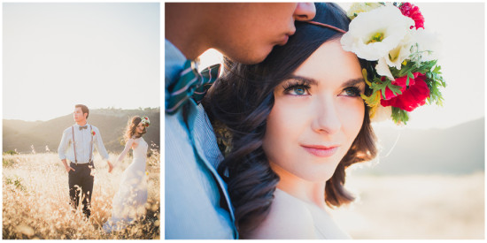 Romantic wedding couple in field, with flower crown and bow tie