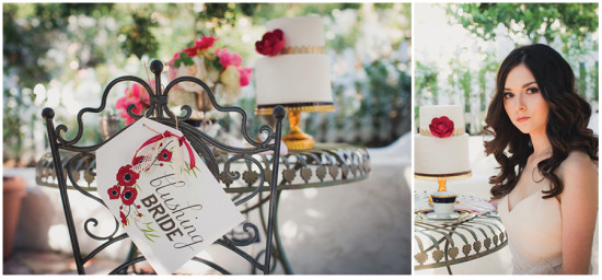 Elegant wedding cake and bride enjoying the special day outdoors