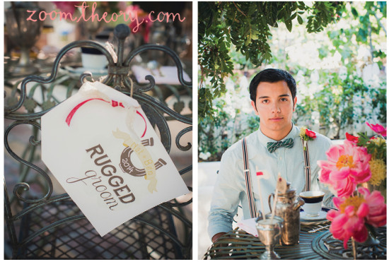 Rugged groom with bow tie at a garden wedding setting