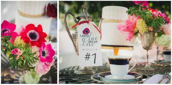 Elegant wedding table setting with flowers and a vintage teapot