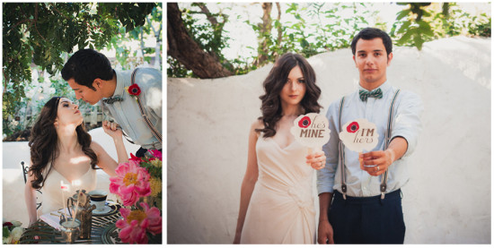 Romantic couple with He's Mine and I'm Hers signs