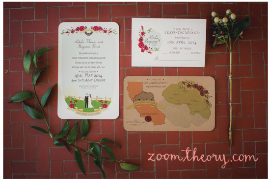 Wedding invitations with floral design and a map layout