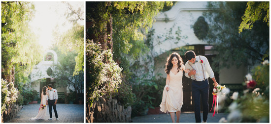 Couple walking in garden on wedding day, romantic moment