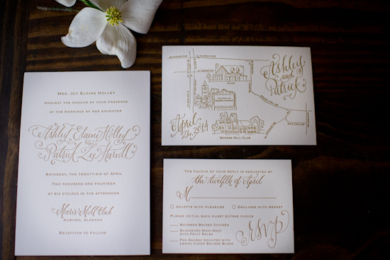 Elegant wedding invitation suite with map, RSVP, and flower detail