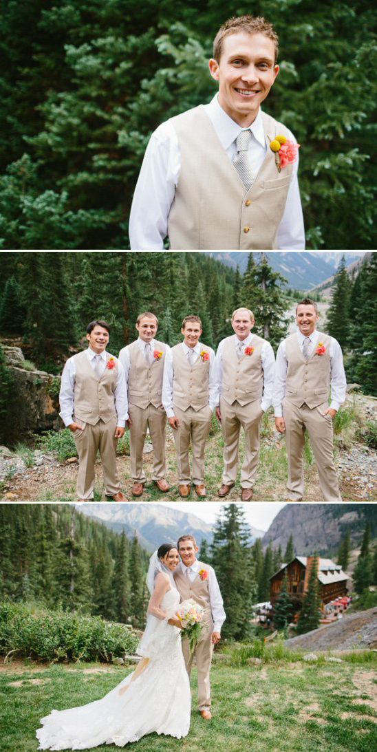 tan and white groom and his men look