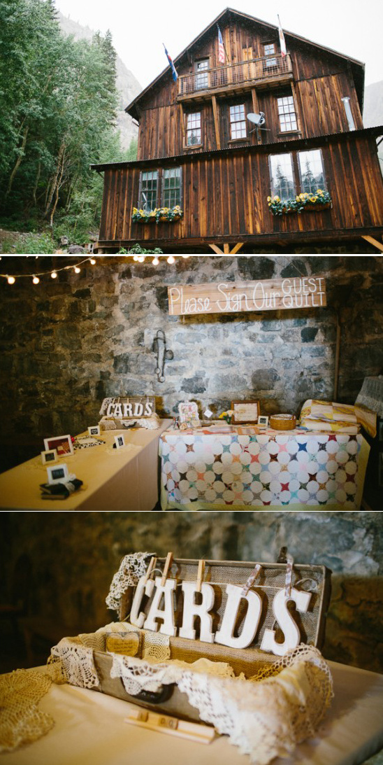 reception welcome table with guest quilt
