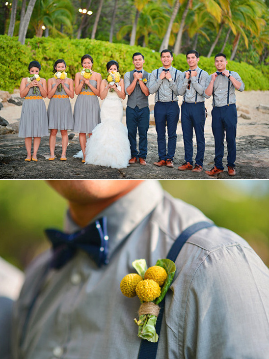 gray and navy groomsmen with yellow boutonnieres