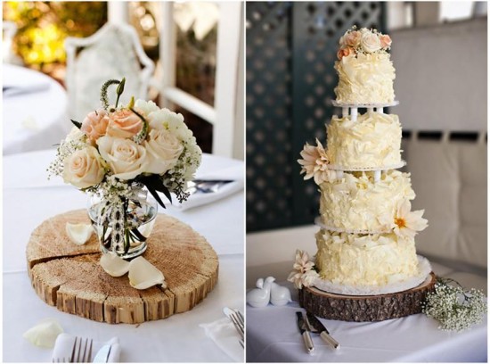 Wedding cake and flower table centerpiece details