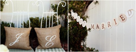 Elegant wedding decorations chairs and Just Married banner