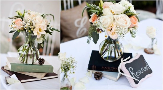Charming floral centerpiece with roses on vintage books