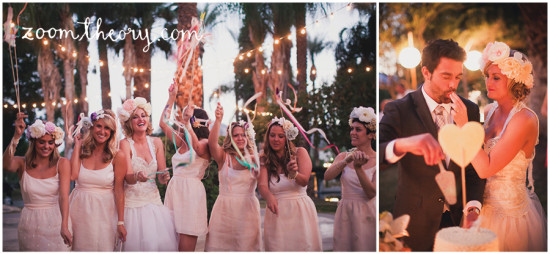 Wedding celebration with bridesmaids and cake cutting ceremony