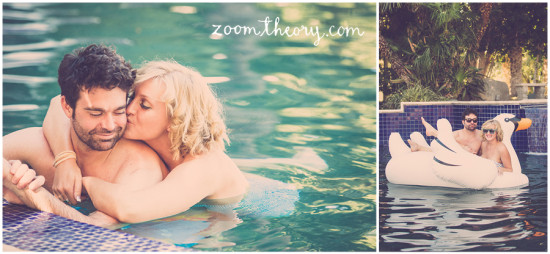 Couple in a pool enjoying a romantic moment on a swan float