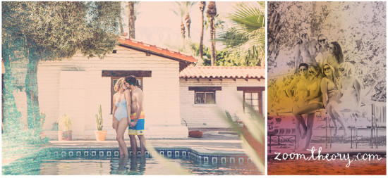 Couple kissing by pool, vacation lifestyle, retro style photography