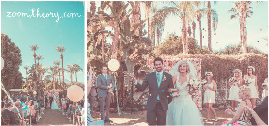 Happy couple celebrates wedding in a tropical outdoor setting