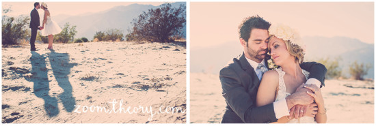 Romantic couple kissing in a desert setting on their wedding day