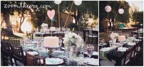 Elegant outdoor wedding reception tablescape with heart decor