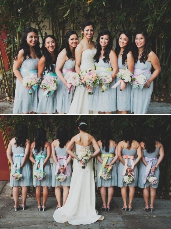 simple grey bridesmaid dresses with rainbowsashes