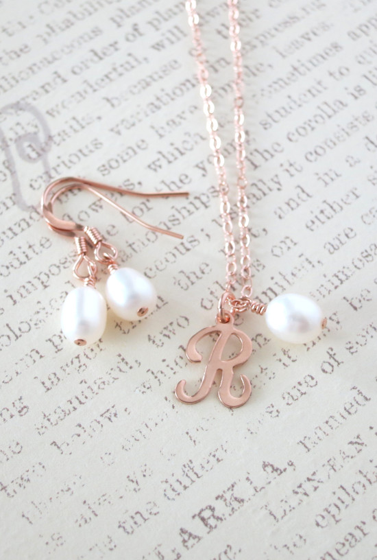 Rose gold pearl earrings and initial necklace, elegant jewelry set