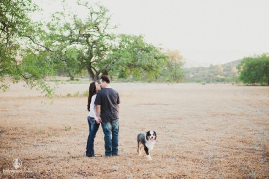 Couple kissing in a field with a dog and large trees