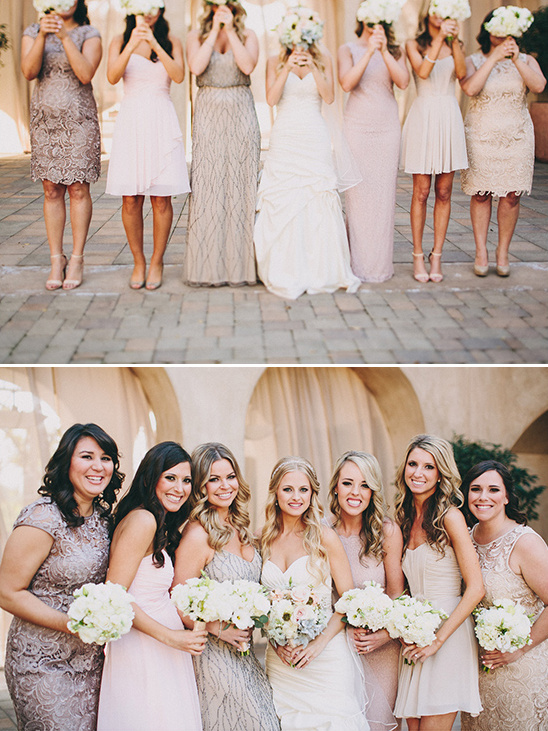 assorted blush bridesmaid dresses