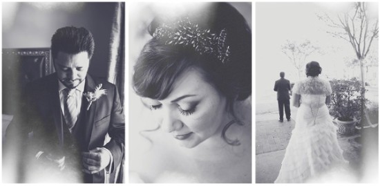 Elegant grayscale wedding day moments captured in triptych