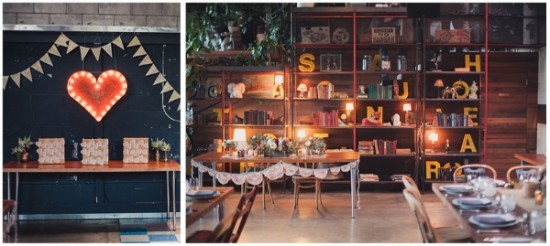 Rustic event space with heart decor and bookshelves