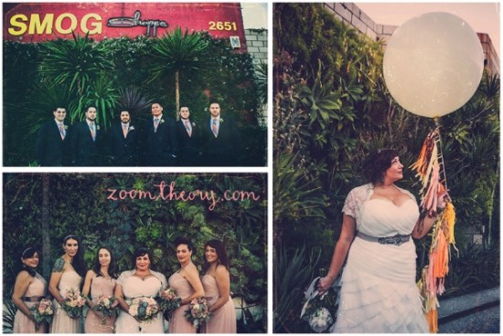 Bridal party and bride with balloon at Smog Shoppe wedding