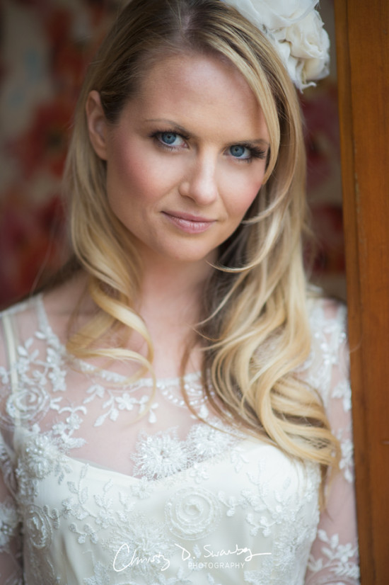 Beautiful bride in a lace wedding dress, looking elegant and graceful