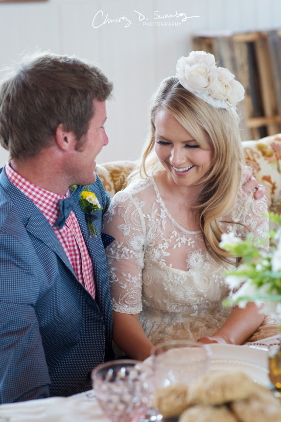 Happy bride and groom laughing on their wedding day