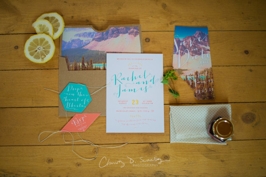 Wedding invitation suite with mountain landscape and details