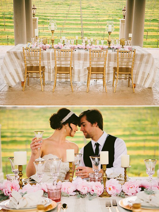 Romantic wedding table setting with couple in the vineyard