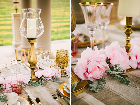 Elegant table setting with pink flowers and gold accents