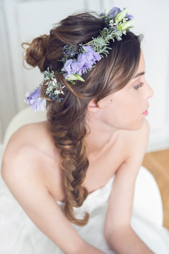 messy braid wedding hair with floral crown