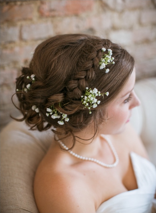 wedding hair accented with babys breath