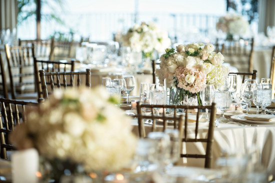 Elegant floral centerpieces on wedding reception tables