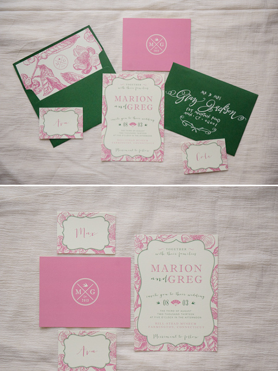 green and pink wedding invites