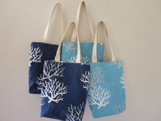 Handmade tote bags with coral pattern in blue tones