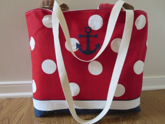 Red polka dot tote bag with anchor design