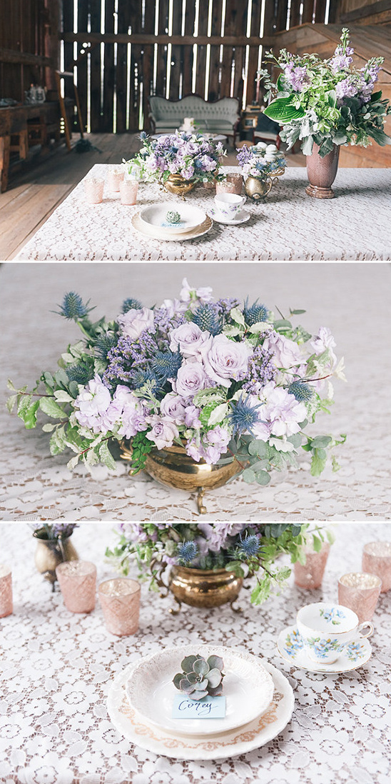 Rustic wedding table with lace and floral centerpieces