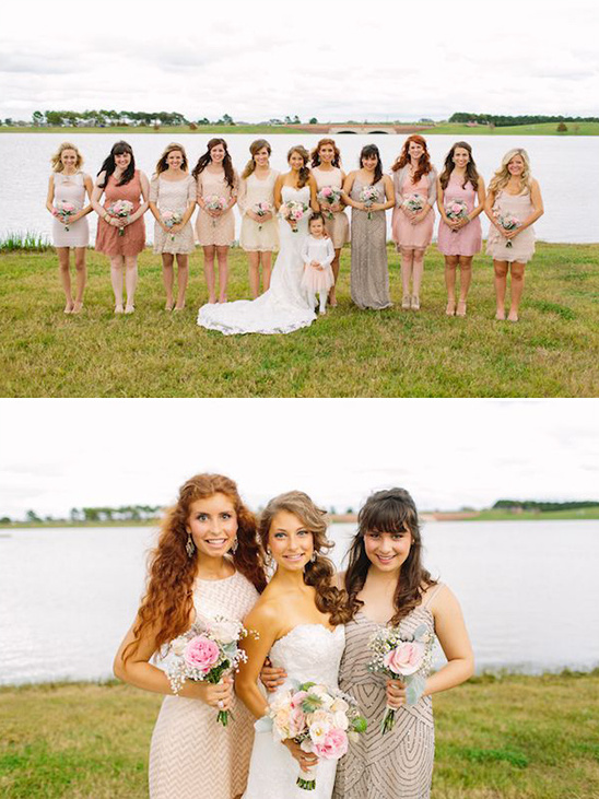 variety of pink and cream bridesmaids dresses