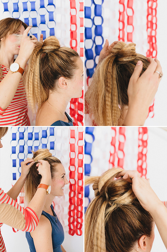 pull ponytail forward and begin to pin and wrap