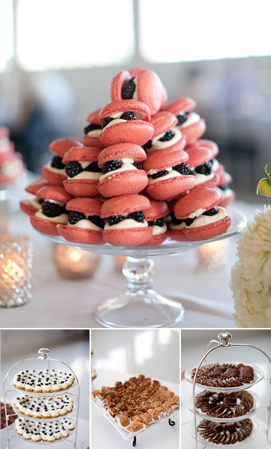 black berry and cream macarons and other assorted desserts
